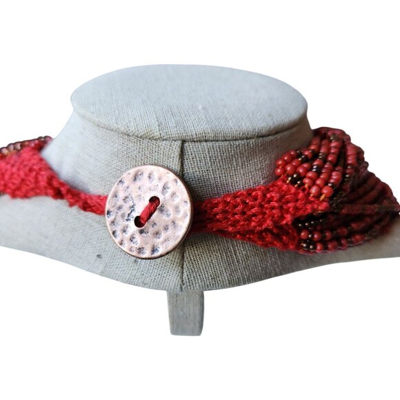 Multistrand Red & Bronze Glass Beaded Necklace With Woven Closure & Metal Button - Picture 3 of 4